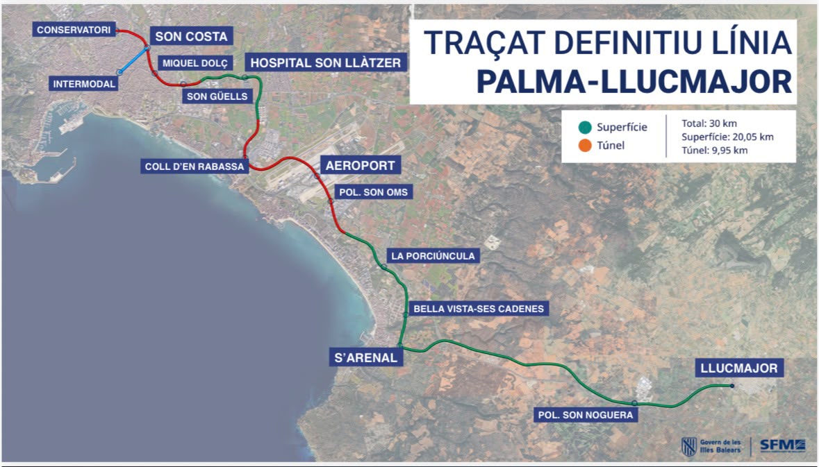 Mapa del traçat definitiu del tren Palma - Llucmajor.