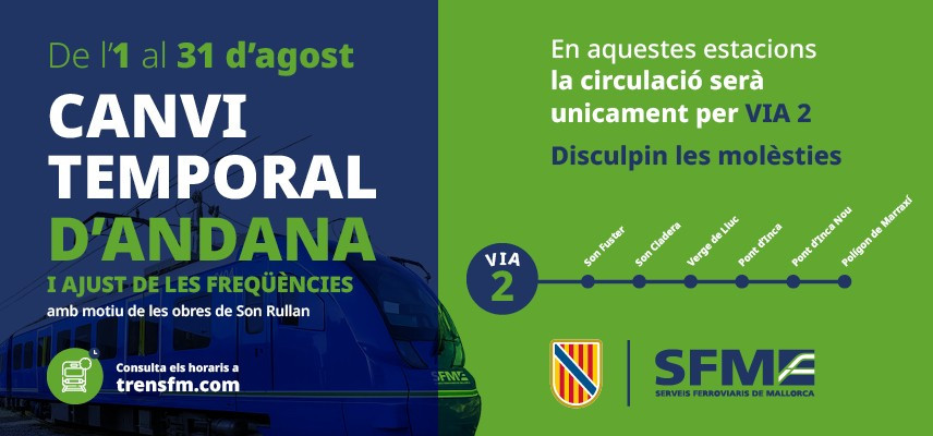SFM ajusta les freqüències del servei durant el mes d'agost i modifica temporalment les andanes en sis estacions per les obres de Son Rullan